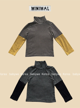 minimal▲BabyWe韩国代购25冬儿童柔软弹力条纹拼色袖高领打底衫