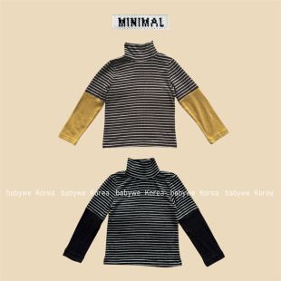 minimal▲BabyWe韩国代购25冬儿童柔软弹力条纹拼色袖高领打底衫