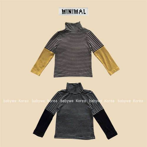 minimal条纹拼色袖高领打底衫