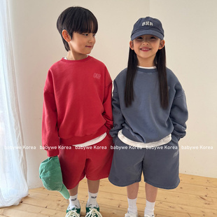 OUR▶BabyWe韩国代购26春季新儿童字母纯棉毛圈卫衣中裤卫裤套装