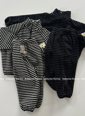 GOU▲BabyWe韩国代购25冬新款儿童条纹加绒立领卫衣裤套装