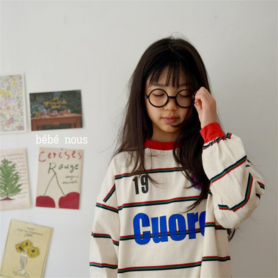 Ramijini▲BabyWe韩国代购童装25秋季儿童故障彩色条纹字母长袖t