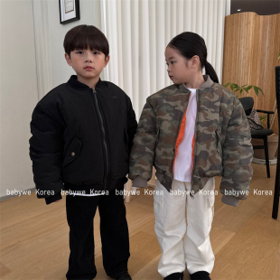 OUR▶BabyWe韩国代购童装冬儿童飞行员橙色衬布迷彩拉链棉服外套