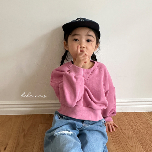 pink151▲BabyWe韩国代购童装女童纯色宽松纯棉毛圈秋季短款卫衣
