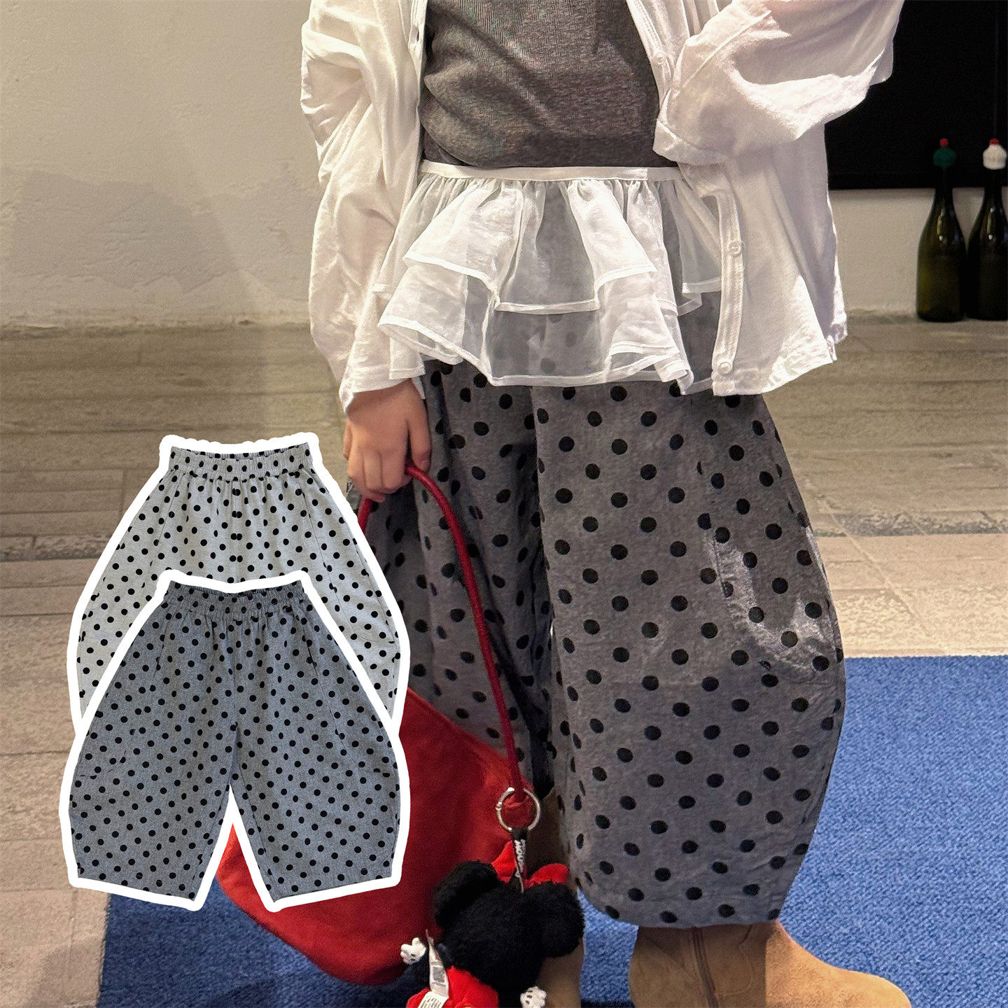 包邮▶bebenous主理人品牌夏女童棉麻料波点立体廓形感七分弯刀裤