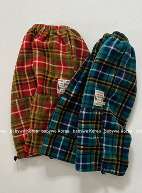GOU▲BabyWe韩国代购25冬新款儿童撞色可收口格子保暖裤长裤