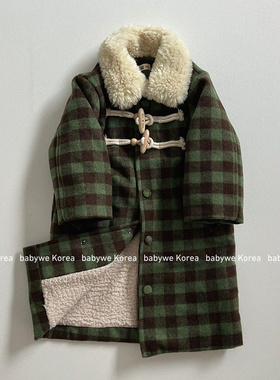 GOU▲BabyWe韩国代购25冬儿童中长款加绒加厚格子翻领大衣