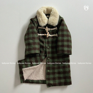GOU▲BabyWe韩国代购25冬儿童中长款加绒加厚格子翻领大衣
