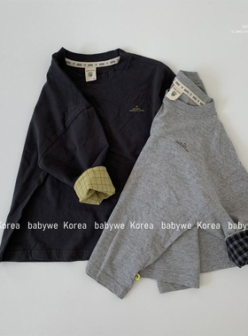 GOU▲BabyWe韩国代购童装25秋儿童撞色格纹翻边袖纯棉亲子长袖T恤