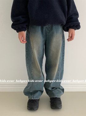 Lewan▲BabyWe韩国代购童装ins巨火脏脏系复古砂洗刷绒牛仔裤长裤