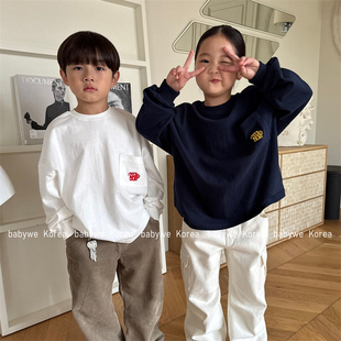 儿童纯棉刺绣logo口袋字母长袖 冬新款 T恤 童装 OUR▶BabyWe韩国代购