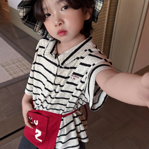 柔软翻领条纹松弛感短袖polo衫