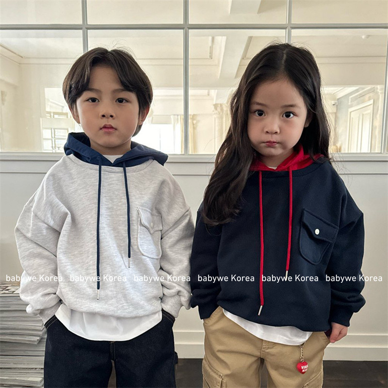 OUR▲BabyWe韩国代购童装儿童春秋款撞色时髦连帽口袋休闲卫衣