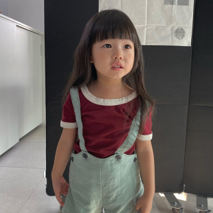 vivi▶BabyWe韩代童装夏季女童棉弹短袖T恤棉麻料复古背带裤短裤