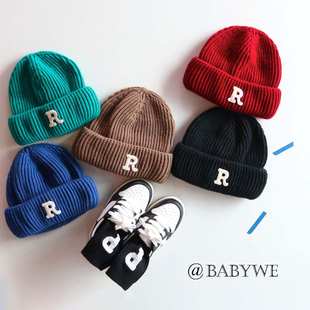 BabyWe韩国代购儿童帽子R字母翻边套头冬季毛线帽冬季保暖帽子潮