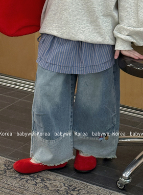 包邮▶bebenous主理人品牌26春季儿童萌趣刺绣拼色毛边宽松牛仔裤