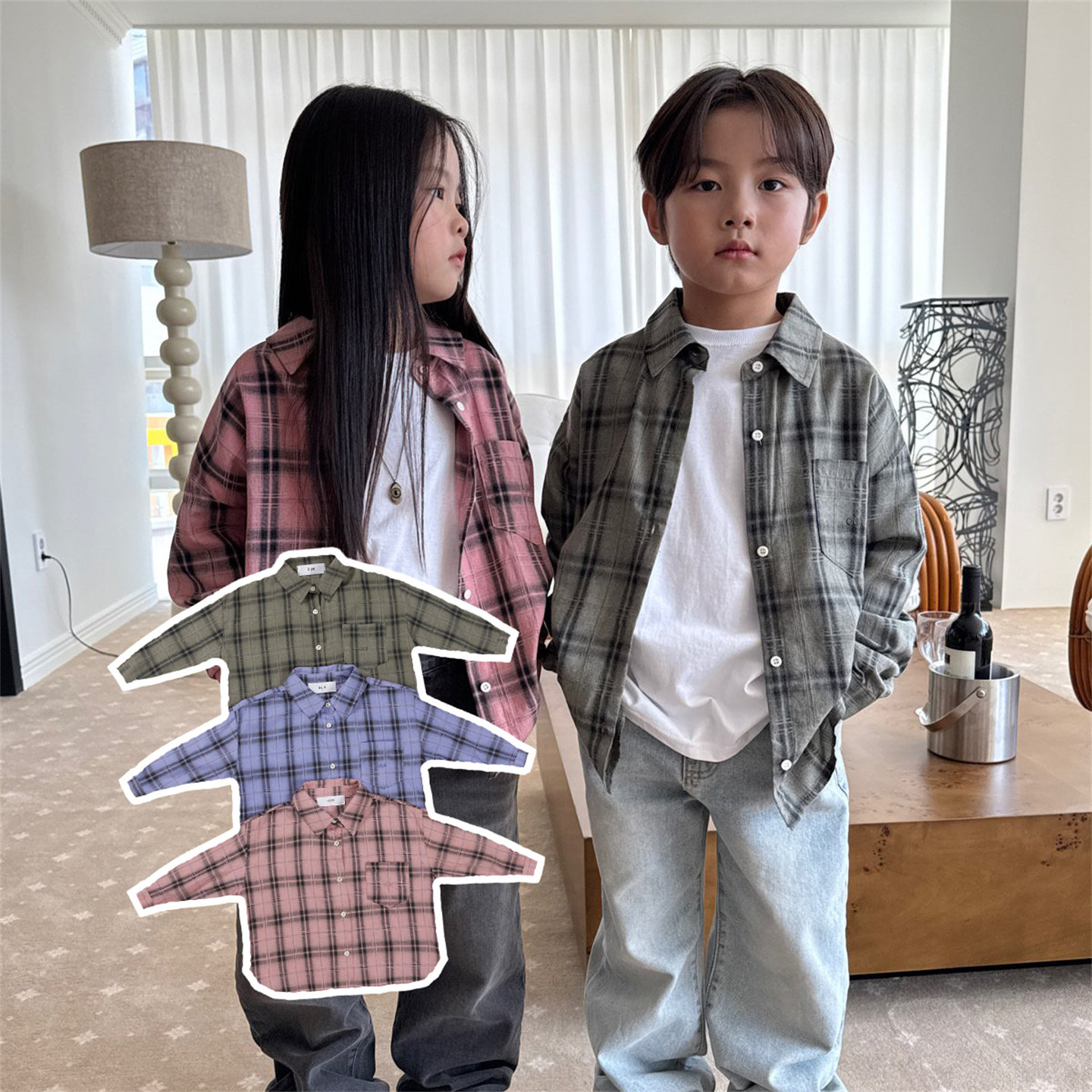 OUR▶BabyWe韩国代购治愈の秋儿童定染绝美格子亲子衬衣长袖衬衫