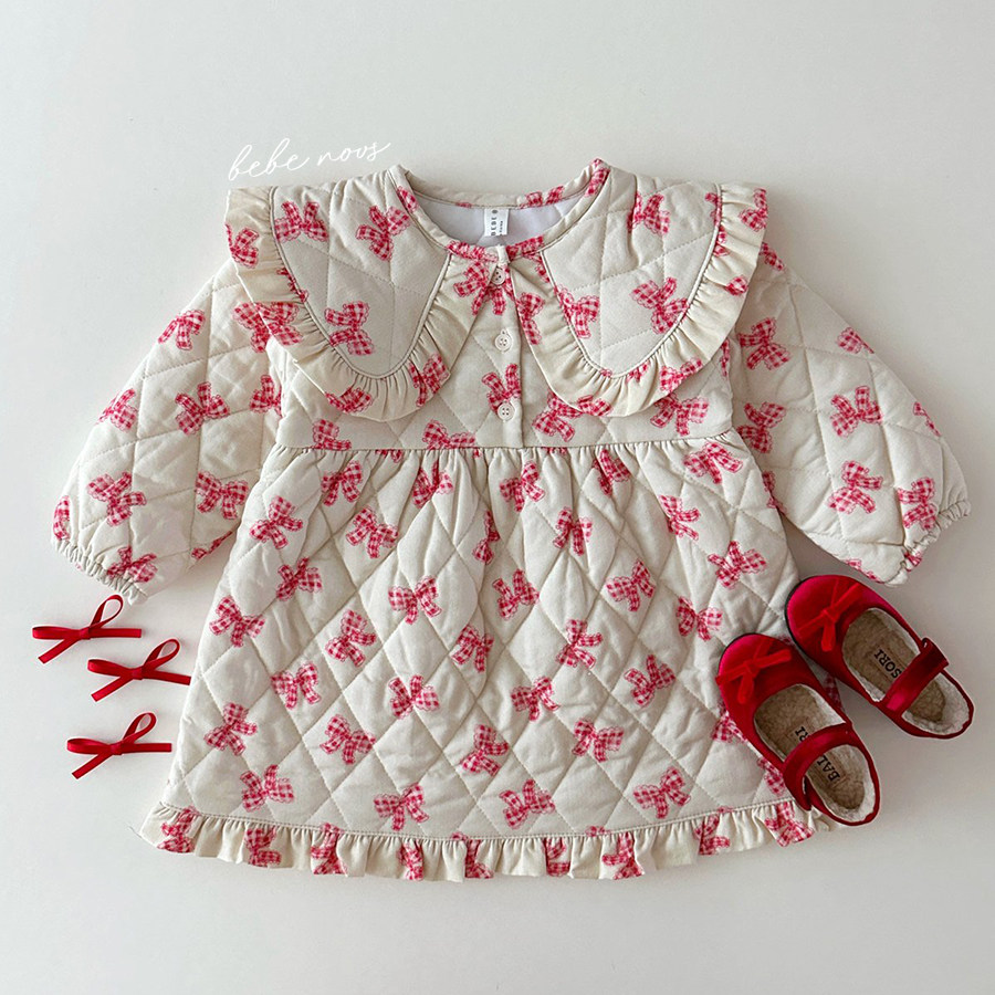 dailybebe▲BabyWe韩代童装女童冬季加厚夹棉蝴蝶结可爱连衣裙