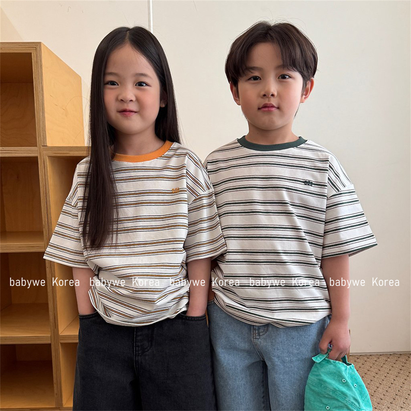 OUR▶BabyWe韩国代购经典b入系列儿童盐系风撞色条纹夏季短袖t恤