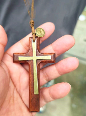 民族风木质棉麻多层十字架吊坠
