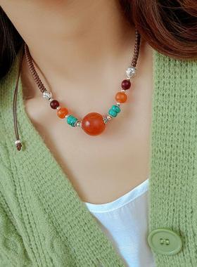 复古民族风松石蜜蜡锁骨链项链女好运珠手工编织老蜡饼毛衣链挂件