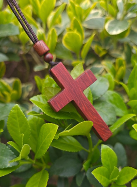 手工红花梨木十字架情侣毛衣链