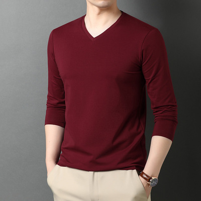春秋季V领长袖t恤男休闲