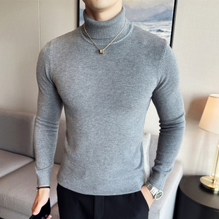 高翻领线衣t恤冬季 潮流高领长袖 打底衫 修身 体恤 毛衣男纯色针织衫