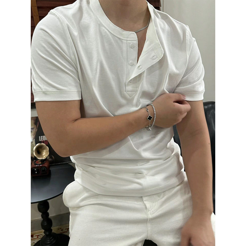 棉白色正肩亨利领T恤短袖男潮牌夏季高级感型男穿搭显肌肉半袖