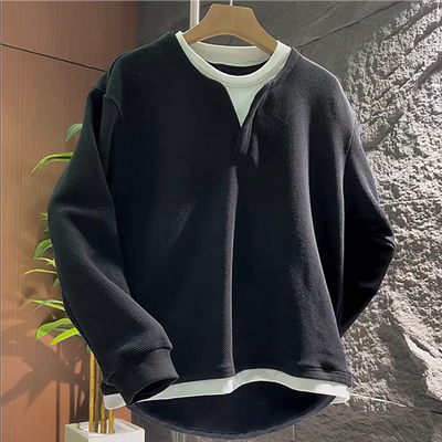 韩版假两件圆领卫衣加绒打底衫