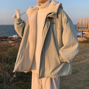 羊羔绒棉服外套男加绒保暖冬季新款连帽棉衣ins潮牌宽松情侣棉袄