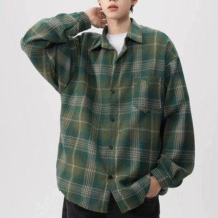 美式复古格子衬衫男款长袖春季高级感痞帅宽松衬衣休闲青少年外套
