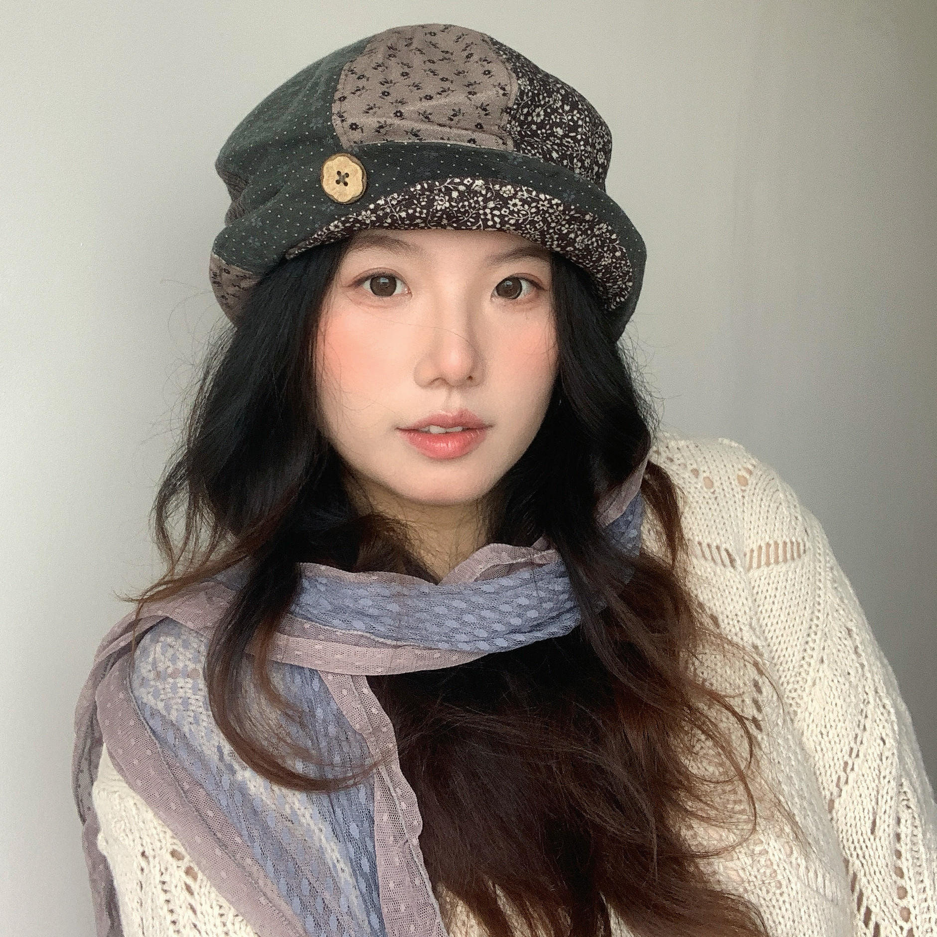 小众腔调拼布碎花八角渔夫帽女文艺复古纽扣可翻边百搭帽子