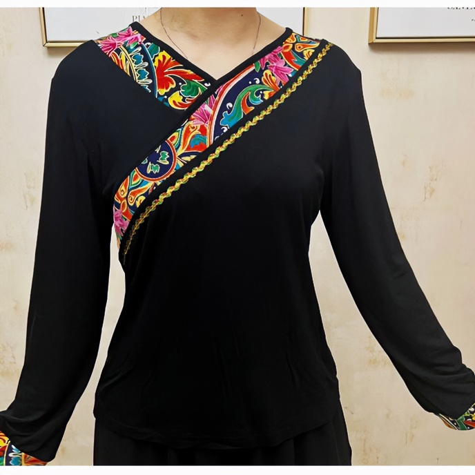 广场舞上衣长袖藏族舞蹈新疆舞舞蹈演出服短袖夏季跳舞衣服中袖