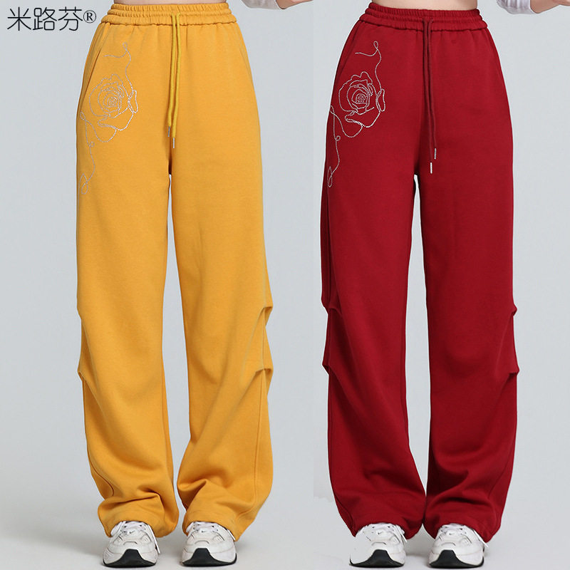 春秋新款广场舞裤子舞蹈运动跳舞运动健身玫瑰闪钻褶皱裤女休闲裤