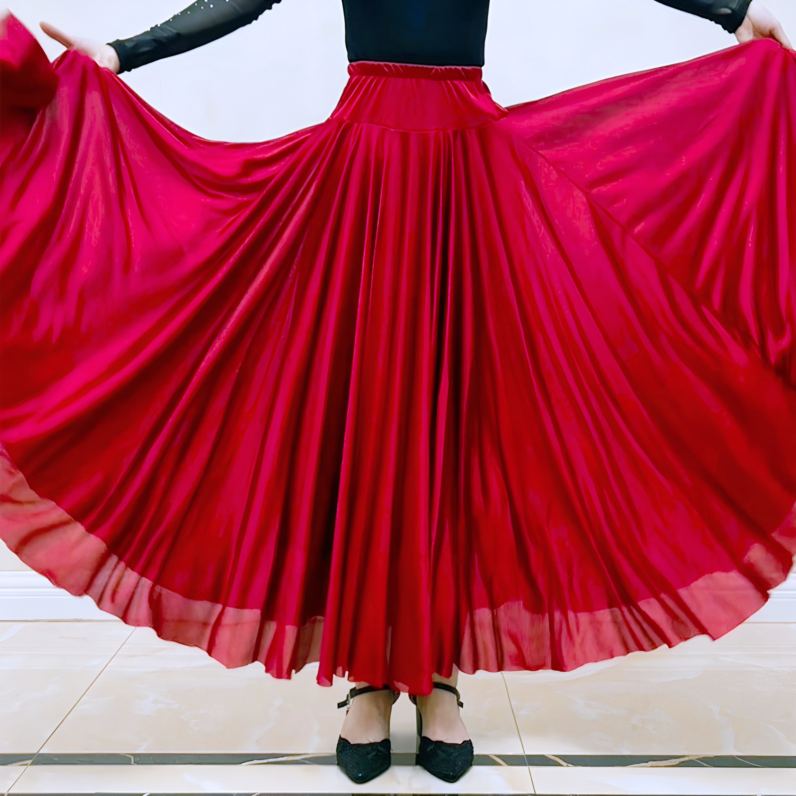 540度大裙摆半身裙广场舞藏族舞新疆舞民族舞红色双层跳舞裙子
