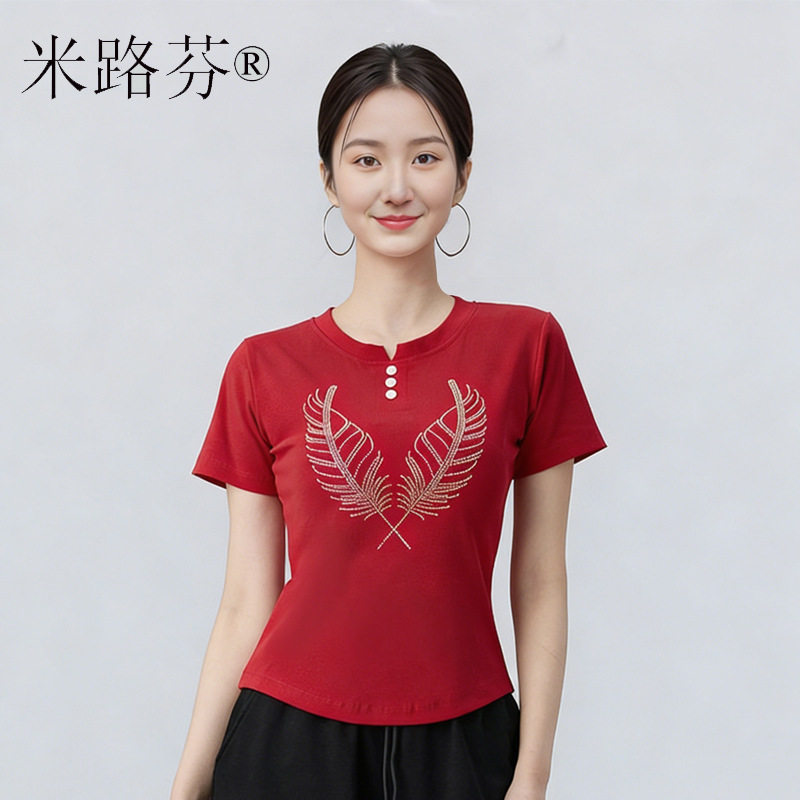 新款广场舞上衣休闲运动t恤跳舞健身运动跳操V领T恤百搭女士夏季