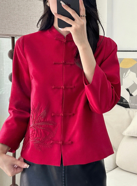 新中式国风丝毛外套绣花上衣刺绣礼服外套女红色复古百搭唐装显瘦