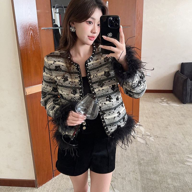 小香风鸵鸟毛长袖亮片外套女气质名媛保暖90白鸭绒毛呢上衣开衫冬,女装/女士精品,毛呢外套,淘宝优惠券,粉丝福利购,淘宝优惠卷