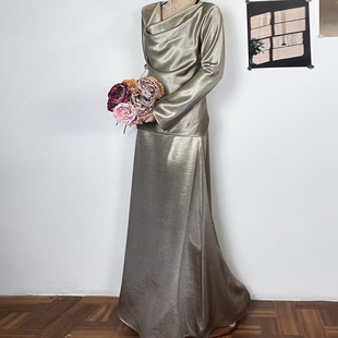 上衣高腰显瘦半身裙两件套 气质丝质缎面长袖 贵气醋酸套装 长裙时尚