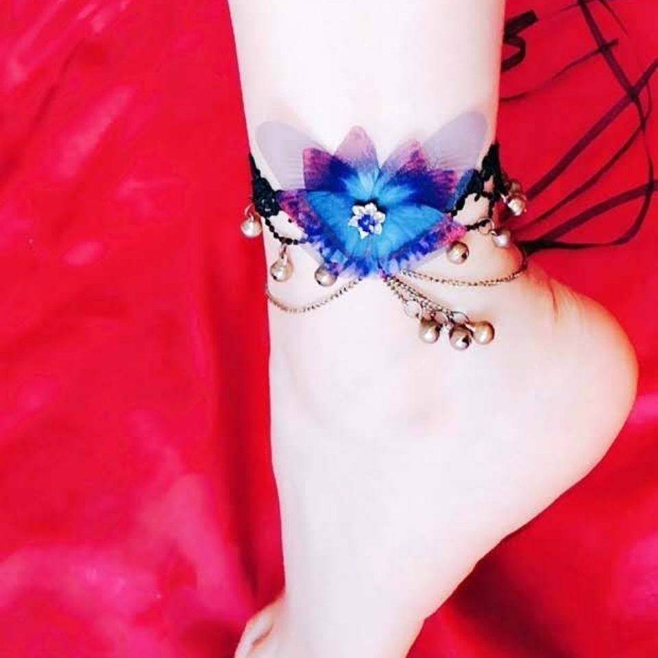 森女度假蓝蝴蝶流苏铃铛脚链中国风青花瓷蝴蝶脚脖戴脚环蕾丝古风