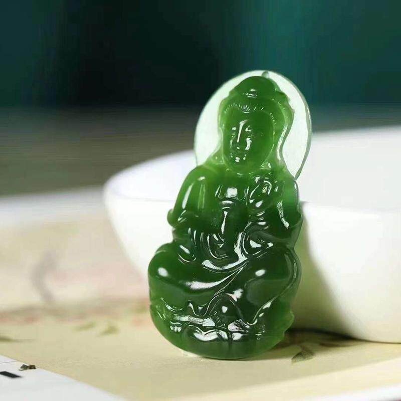 玉器工艺品天然新疆和田玉俄料碧玉菠菜绿玉石观音吊坠男款送证书