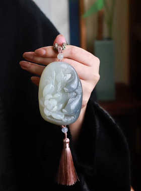 玉器工艺品天然新疆和田玉青海料老料俏烟紫色连年有余玉石手把件