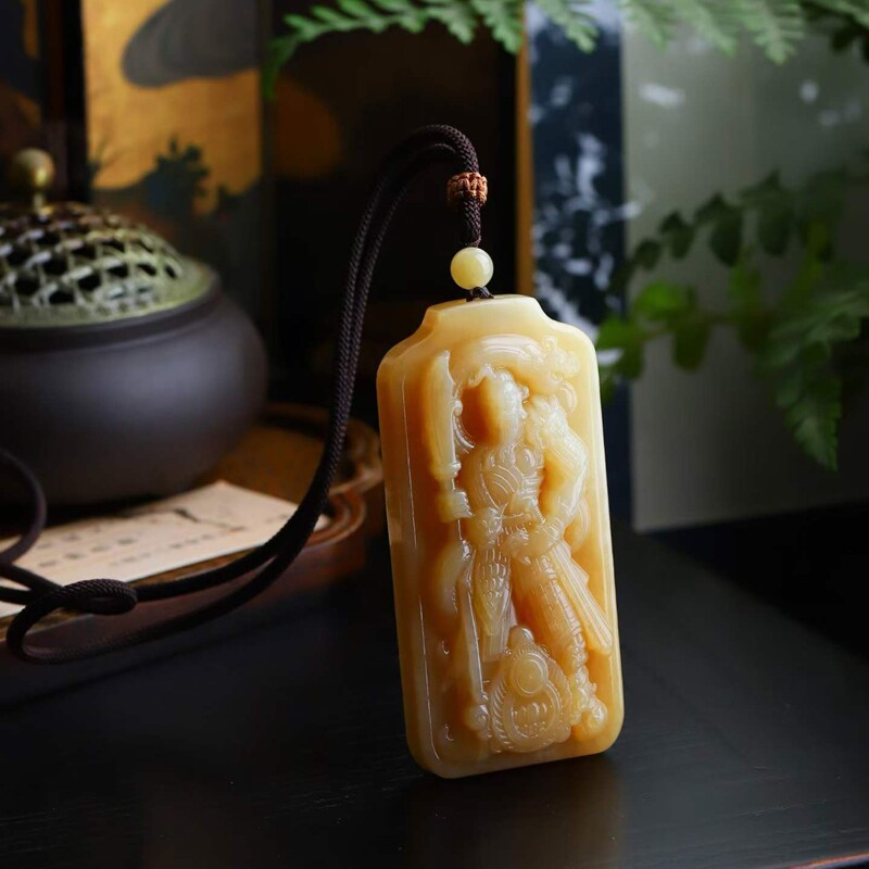天然新疆和田玉玉器工厂店工艺品俄料老料浅糖色关公挂件吊坠带证