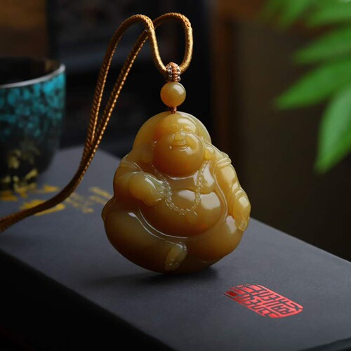 天然新疆和田玉玉器工艺品新疆且末料老料满糖色弥勒佛吊坠挂件