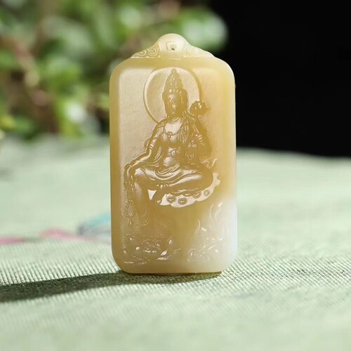 玉器工艺品天然新疆和田玉俄料老料莲花观音玉牌男款连年有余挂件