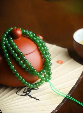 玉器工艺品天然新疆和田玉俄料碧玉老料菠菜绿 108珠链多圈玉手串