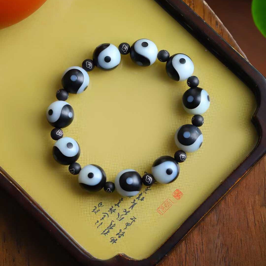 玉器工艺品天然新疆和田玉白玉 墨玉拼接八卦手串玉石手串男款