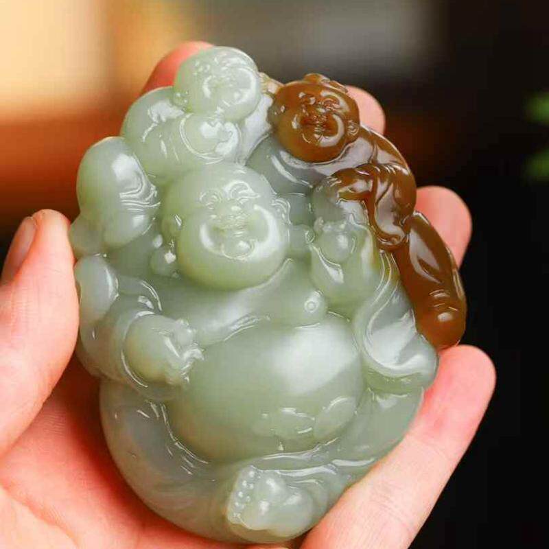 玉器工艺品天然新疆和田玉且末糖料老料俏糖色弥勒佛手把件送证书