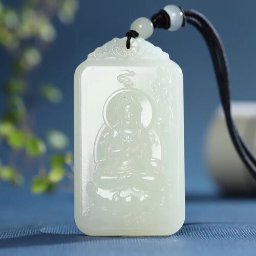 玉器工艺品天然和田玉俄料羊脂级白玉莲花观音吊坠男挂件送证 书